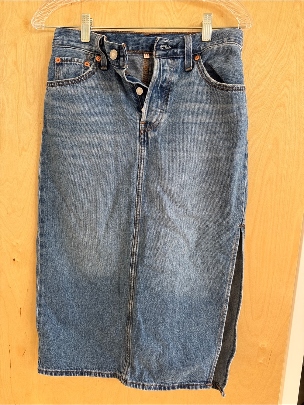 Levi's Blue Straight-Leg Denim Midi Skirt with Side Slit Size 25